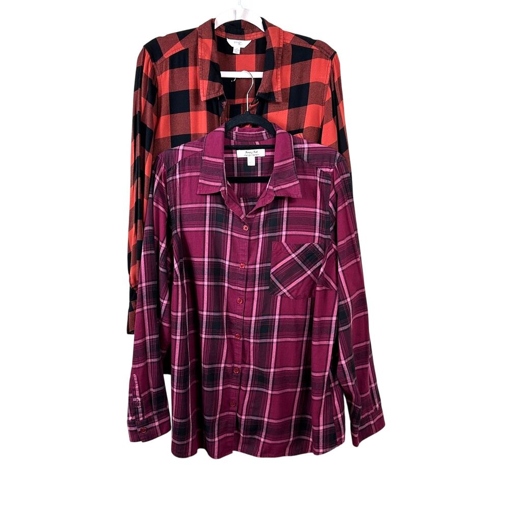 1X Plaid Flannel Shirt Bundle Red Black Check Lace Up Grunge Tops Plus retro